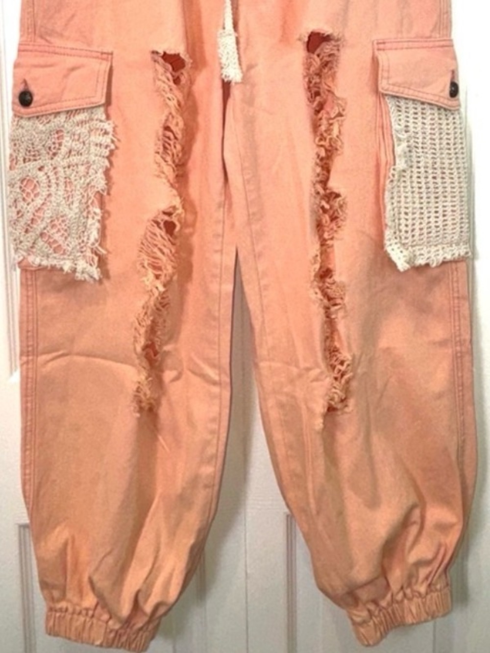NEW SPECIAL price : POL Peach Distressed Cargo Pants with Lace Patches - Picture 4 of 4